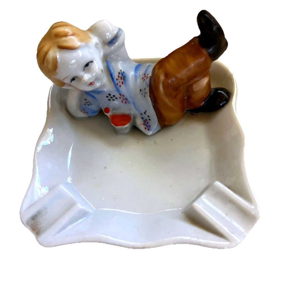 Vintage Ashtray Hand Painted Japan Reclining Boy‎ White MCM Kitsch